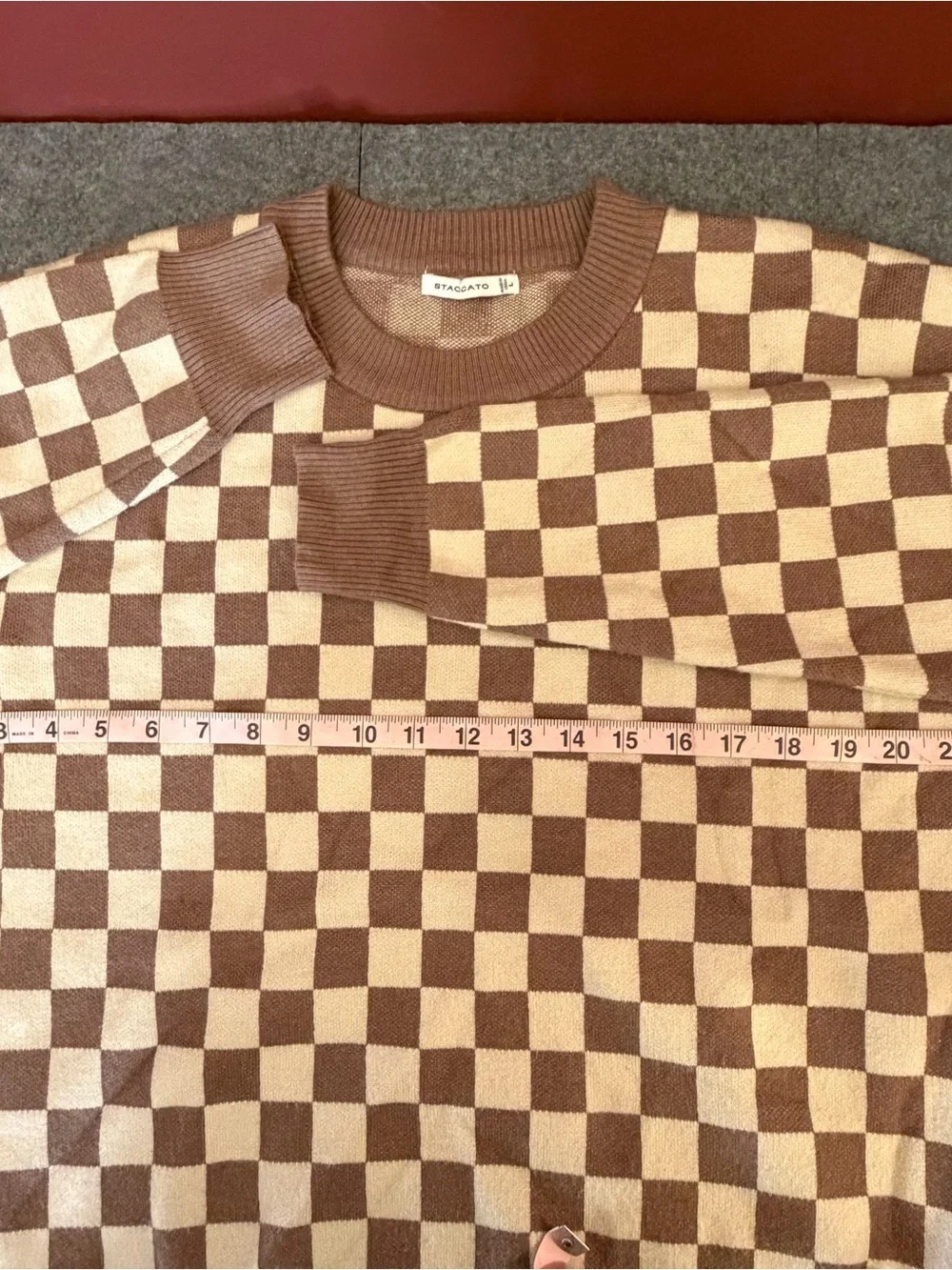 Staccato Cream and Brown Checker Crewneck Sweater